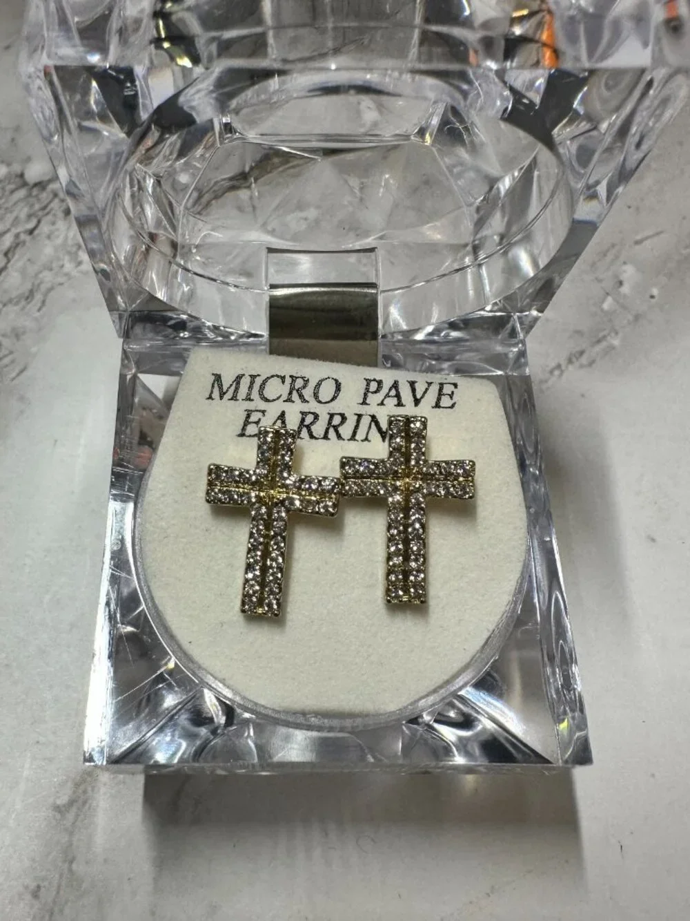 3/$30 Cross Stud Earrings Gold Tone CZ Micro Pave Men Women Pierced 1 Inch